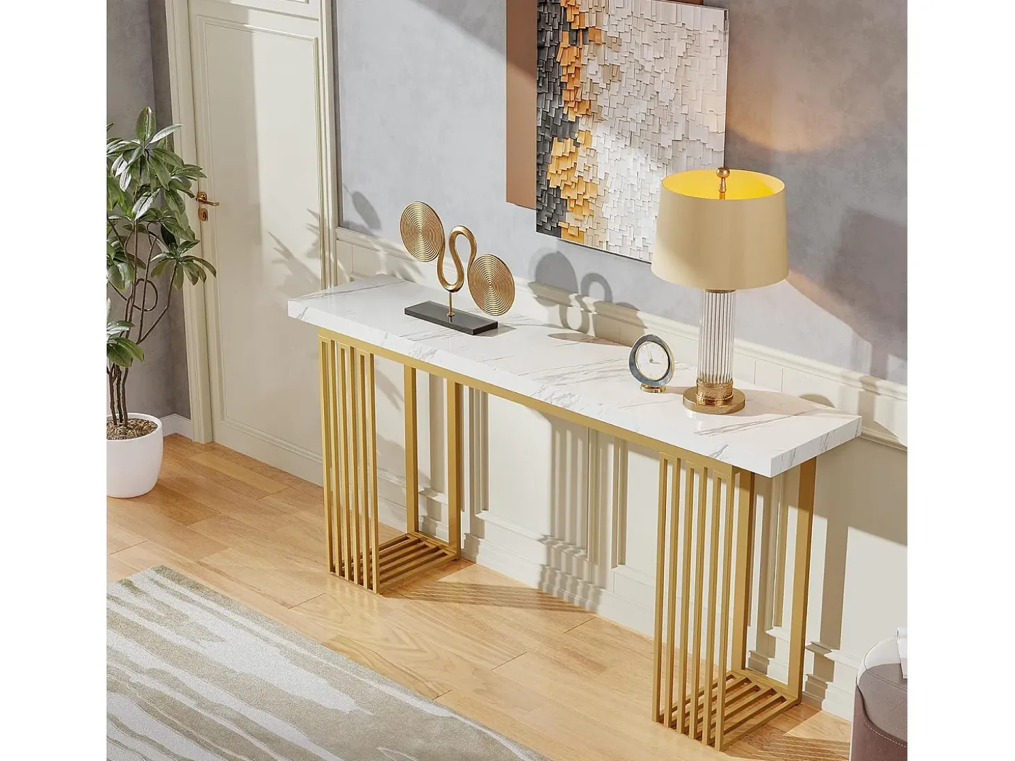 Mesa de Console Moderna com Topo de Revestimento de Mármore Falso Branco e Base de Metal Dourado, MDF