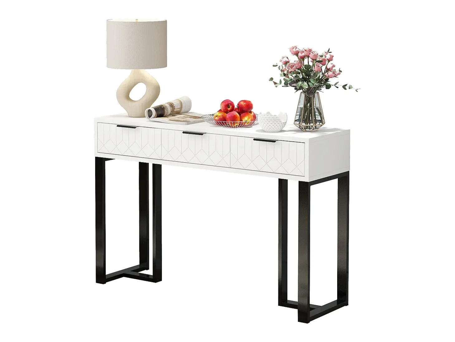Mesa de console moderna com 3 gavetas - 120 x 36 x 80 cm - MDF - para sala, corredor - branco + preto