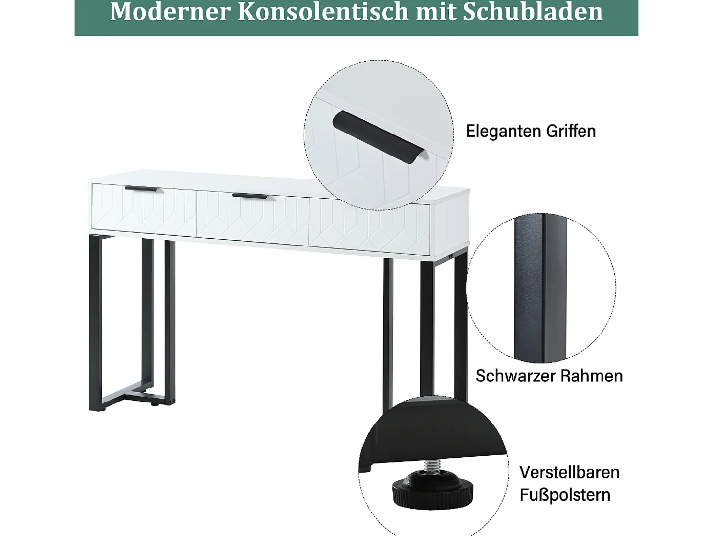 Mesa de console moderna com 3 gavetas - 120 x 36 x 80 cm - MDF - para sala, corredor - branco + preto