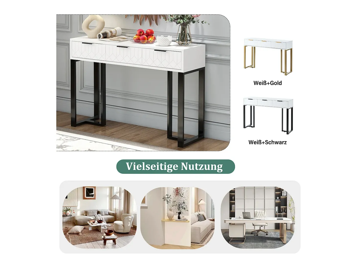 Mesa de console moderna com 3 gavetas - 120 x 36 x 80 cm - MDF - para sala, corredor - branco + preto