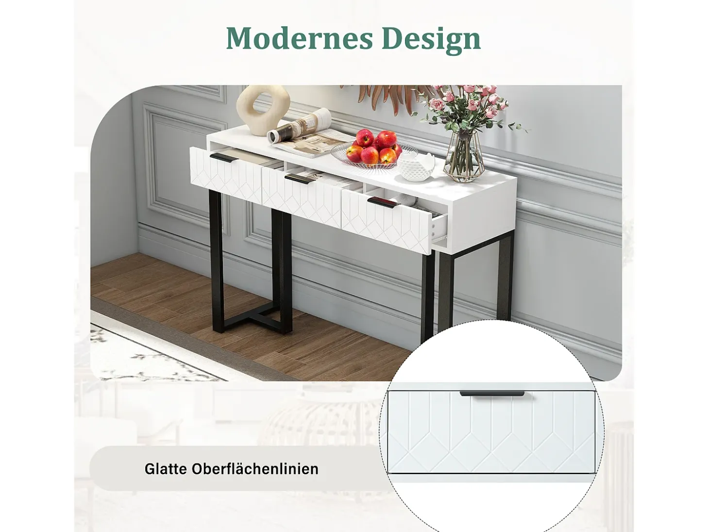 Mesa de console moderna com 3 gavetas - 120 x 36 x 80 cm - MDF - para sala, corredor - branco + preto