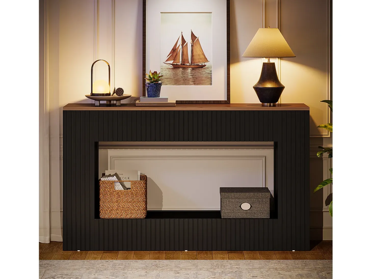 Mesa de console moderna, mesa de entrada em madeira de 140 cm com armazenamento, mesa para sofá estreita e comprida