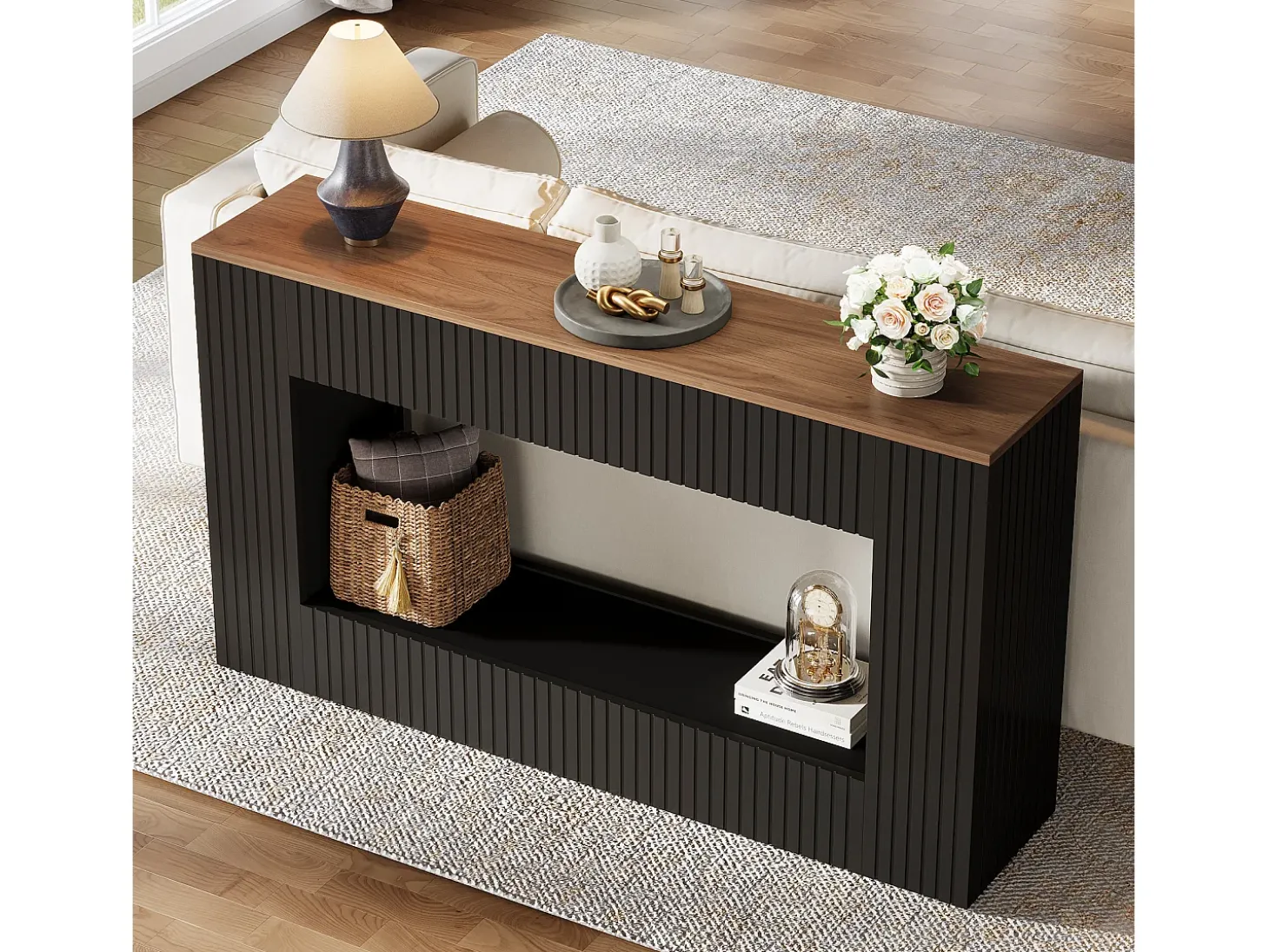 Mesa de console moderna, mesa de entrada em madeira de 140 cm com armazenamento, mesa para sofá estreita e comprida