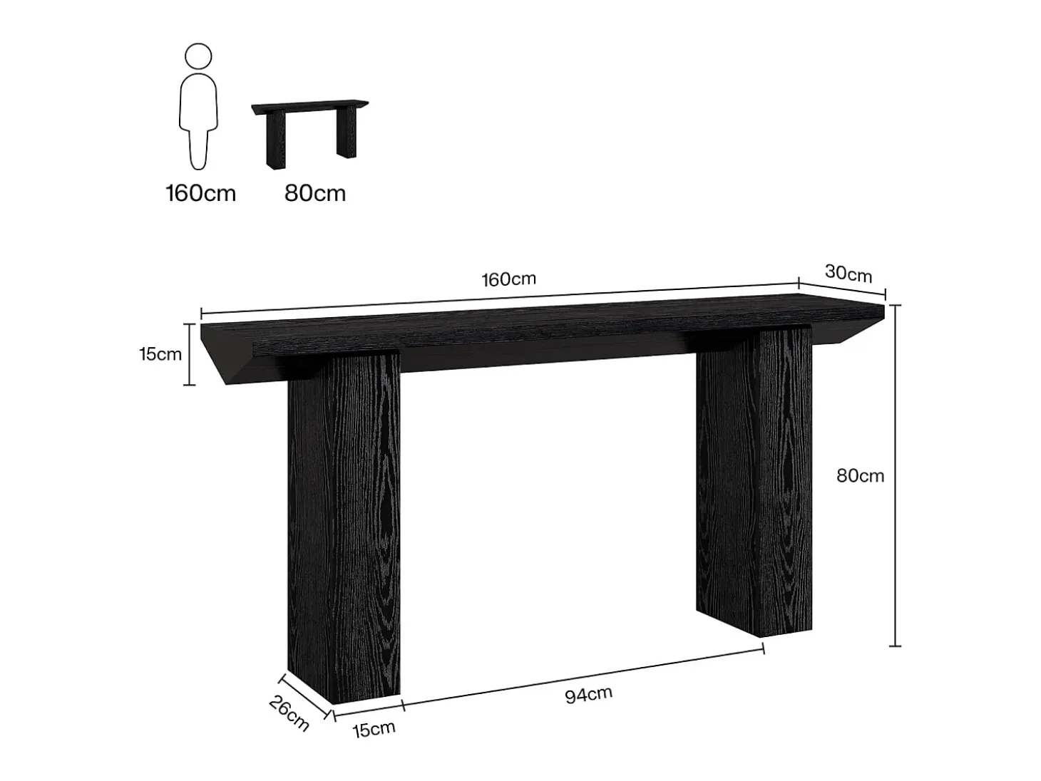 Mesa de Console para Entrada, Mesa de Sofá Longa e Fina Preta de 160cm