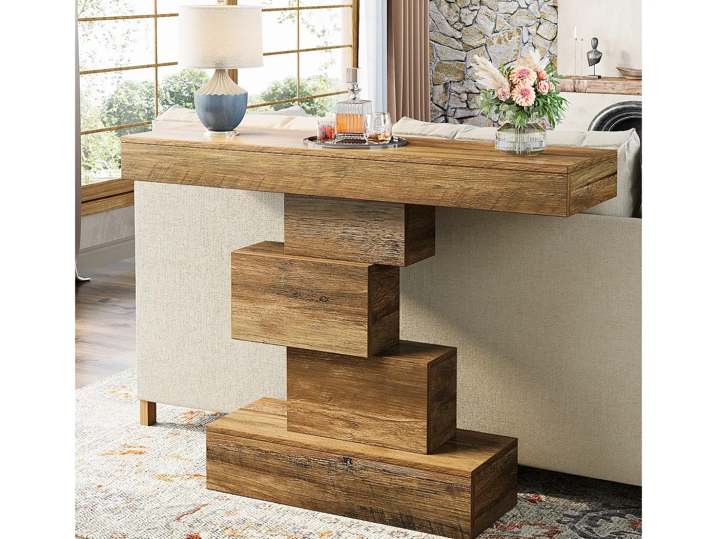 Mesa de console para sala de 108 cm, mesa estreita de madeira para trás do sofá com base geométrica