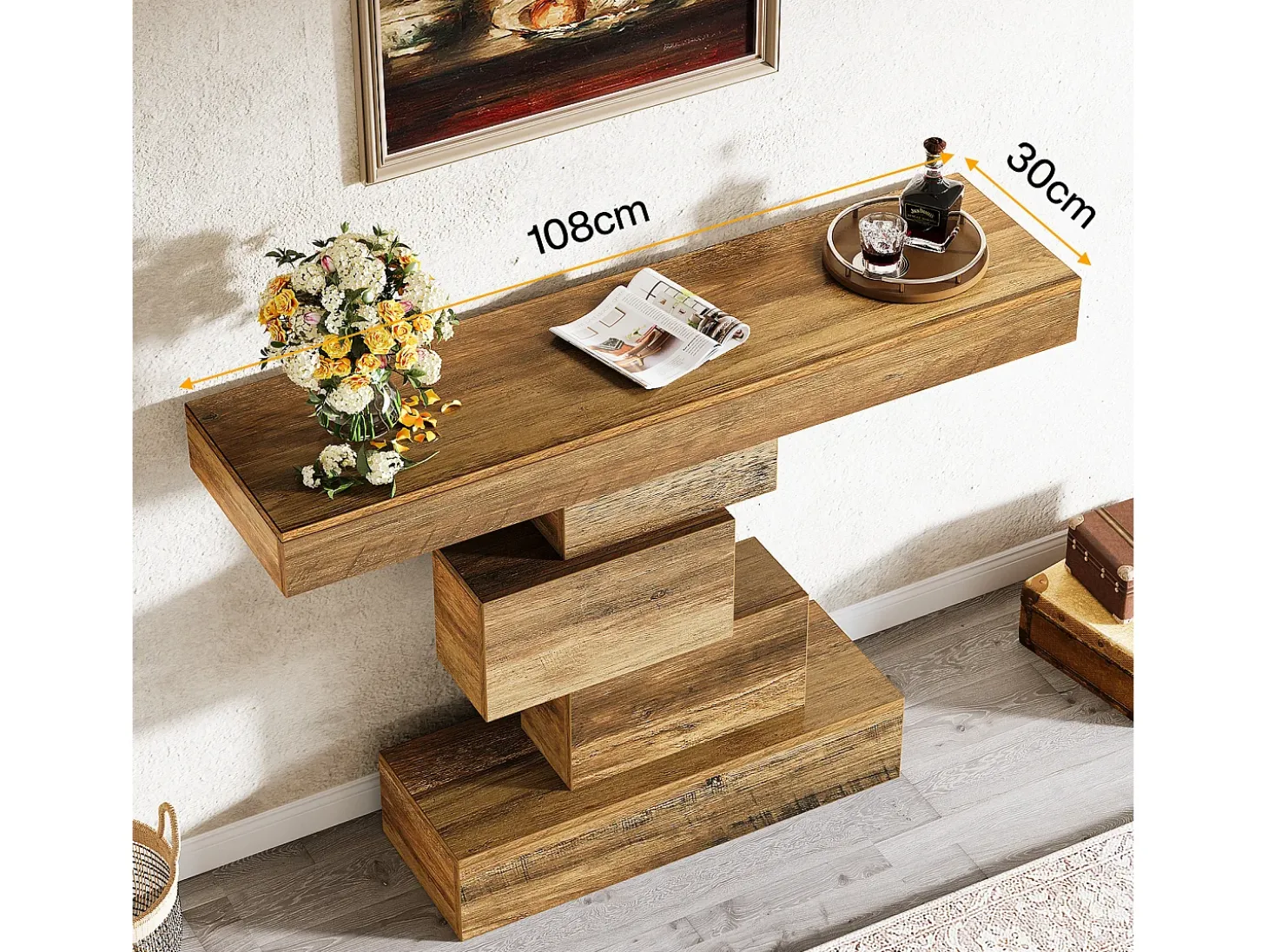 Mesa de console para sala de 108 cm, mesa estreita de madeira para trás do sofá com base geométrica