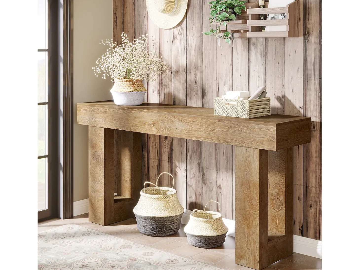Mesa de console retangular com 160 cm de comprimento, Mesa baixa atrás do sofá para entrada (Natural)