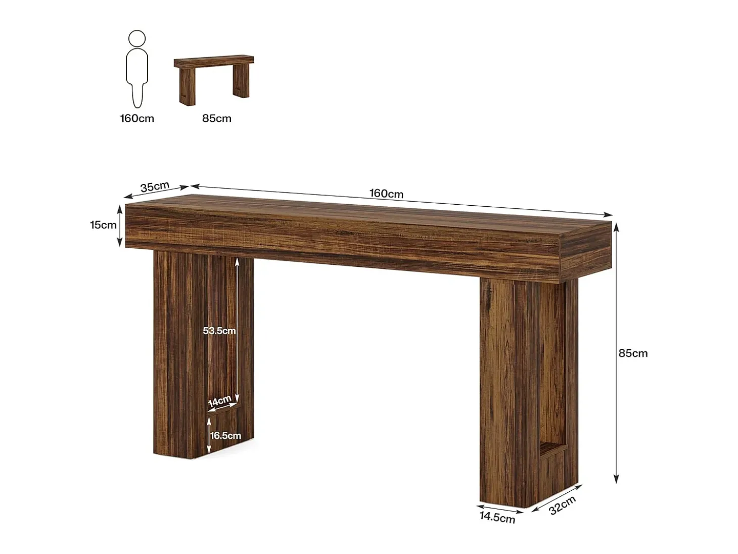 Mesa de console retangular com 160 cm de comprimento, mesa baixa atrás do sofá, mesa de granja para entrada, corredor, sala (castanho rústico)