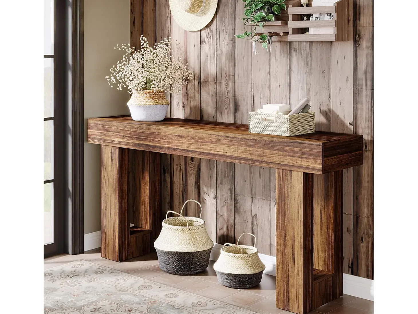 Mesa de console retangular com 160 cm de comprimento, mesa baixa atrás do sofá, mesa de granja para entrada, corredor, sala (castanho rústico)