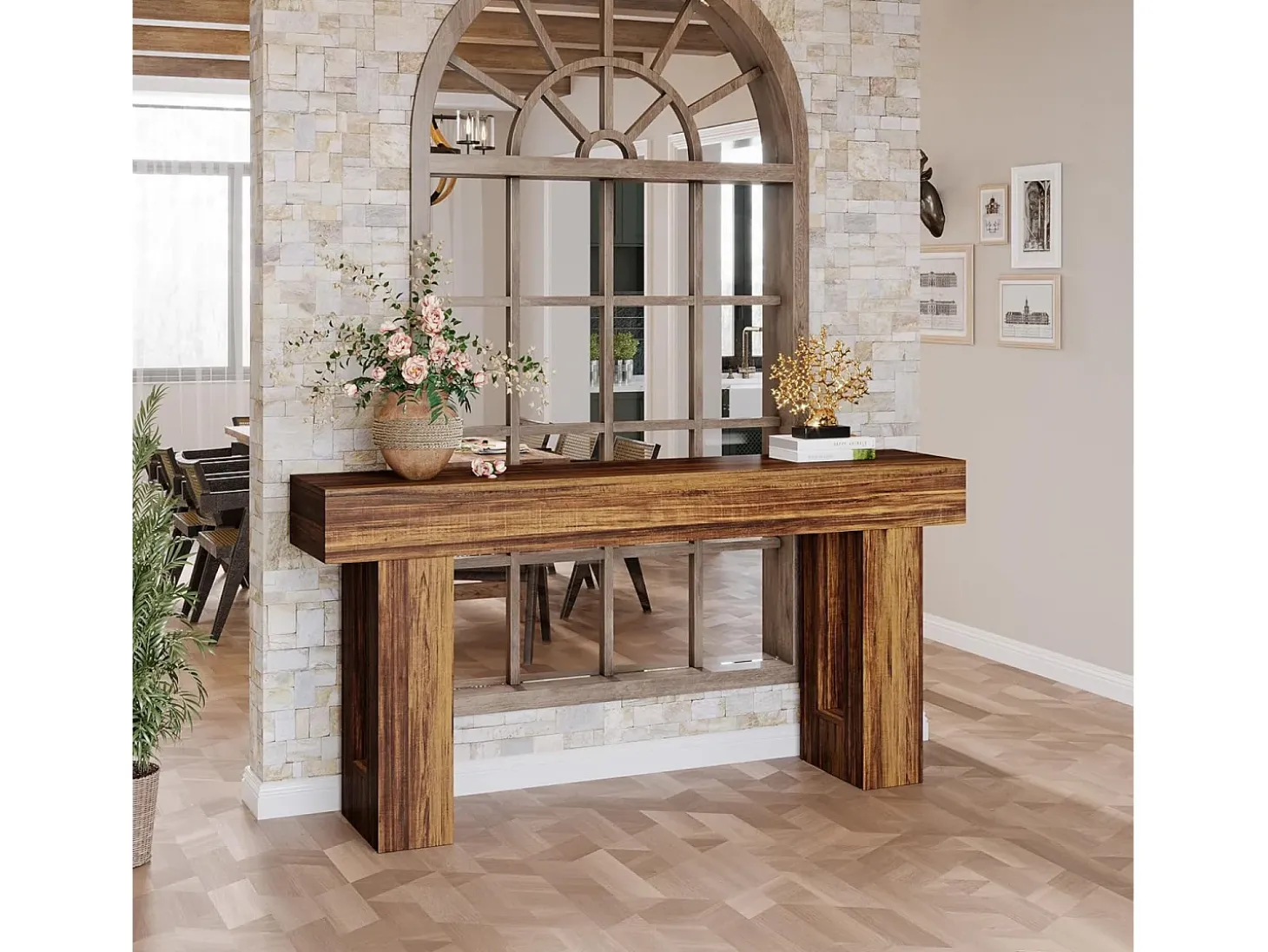 Mesa de console retangular com 160 cm de comprimento, mesa baixa atrás do sofá, mesa de granja para entrada, corredor, sala (castanho rústico)