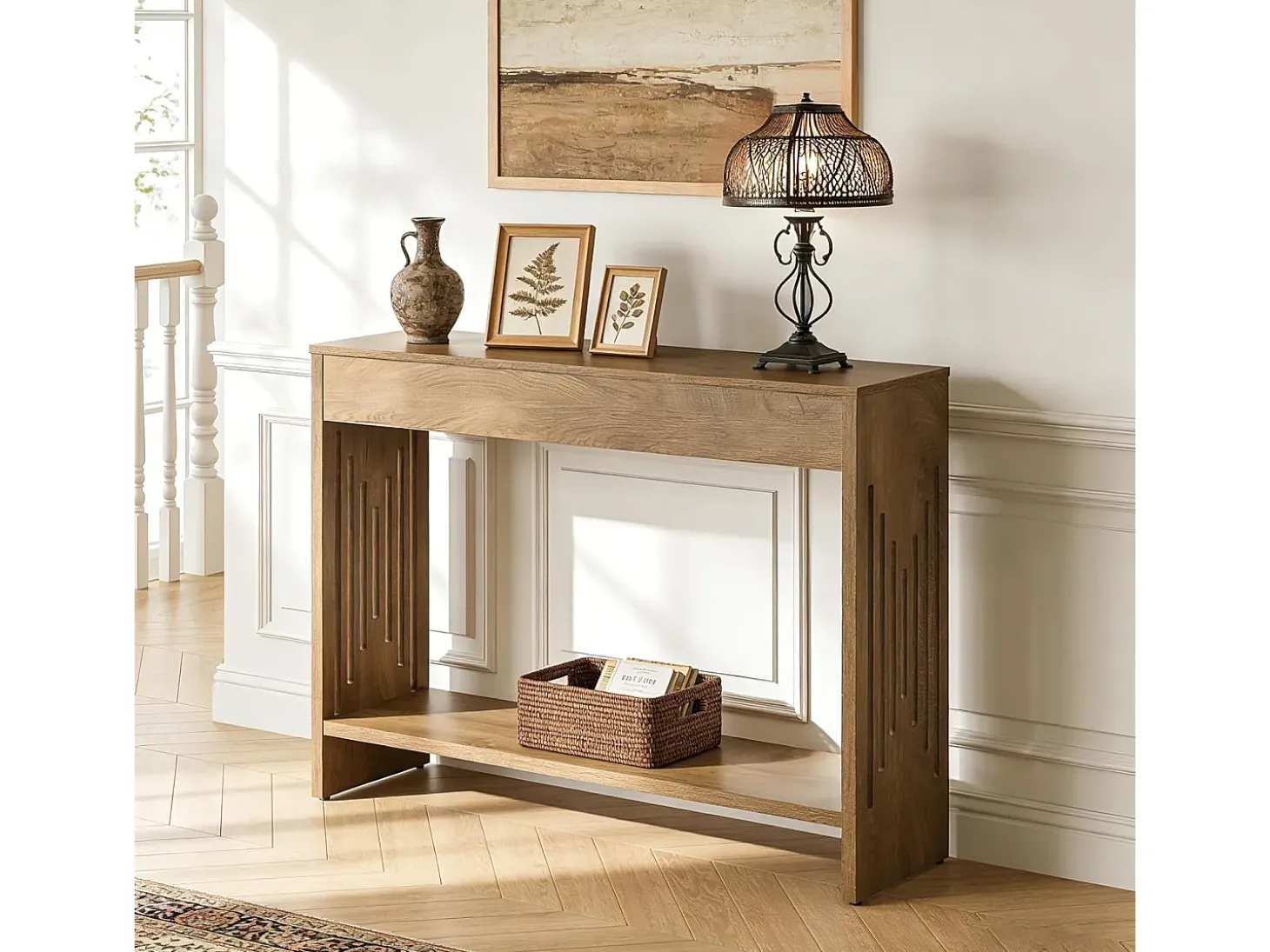 Mesa de Console Tribesigns para Atrás do Sofá 105cm, Mesa Pequena Rustica de 2 Andares com Prateleiras de Armazenamento
