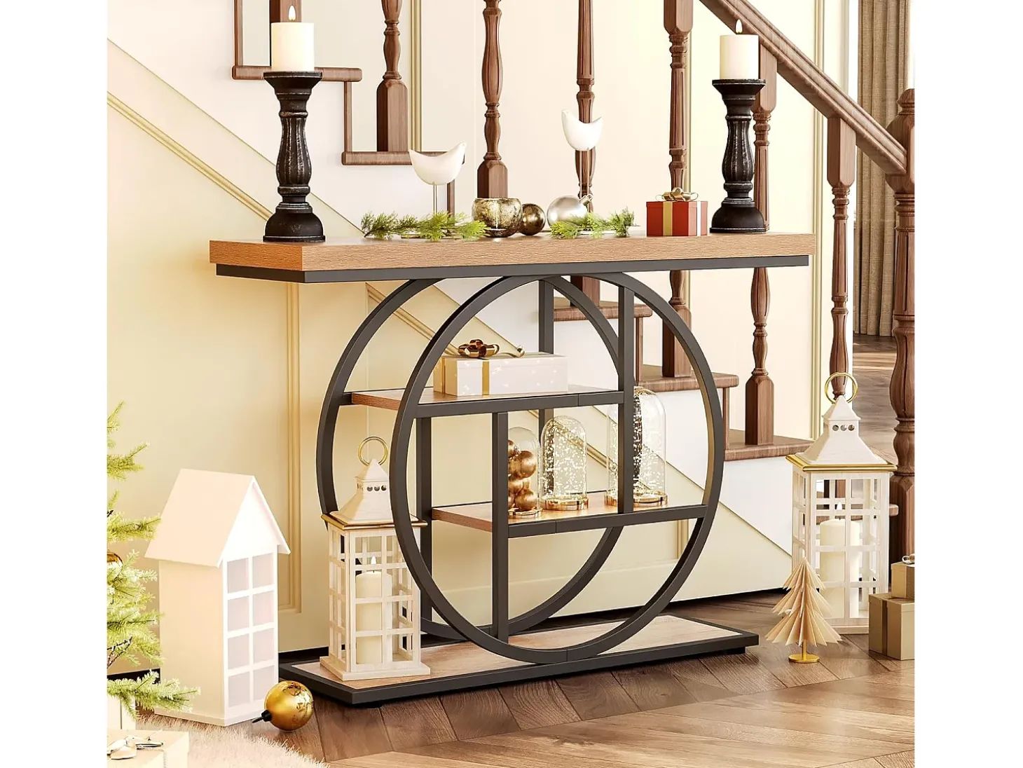 Mesa de entrada de 4 andares atrás do sofá, mesa de sofá em estilo farmhouse de 105 cm para o sala de estar, mesa de entrada para a entrada da casa