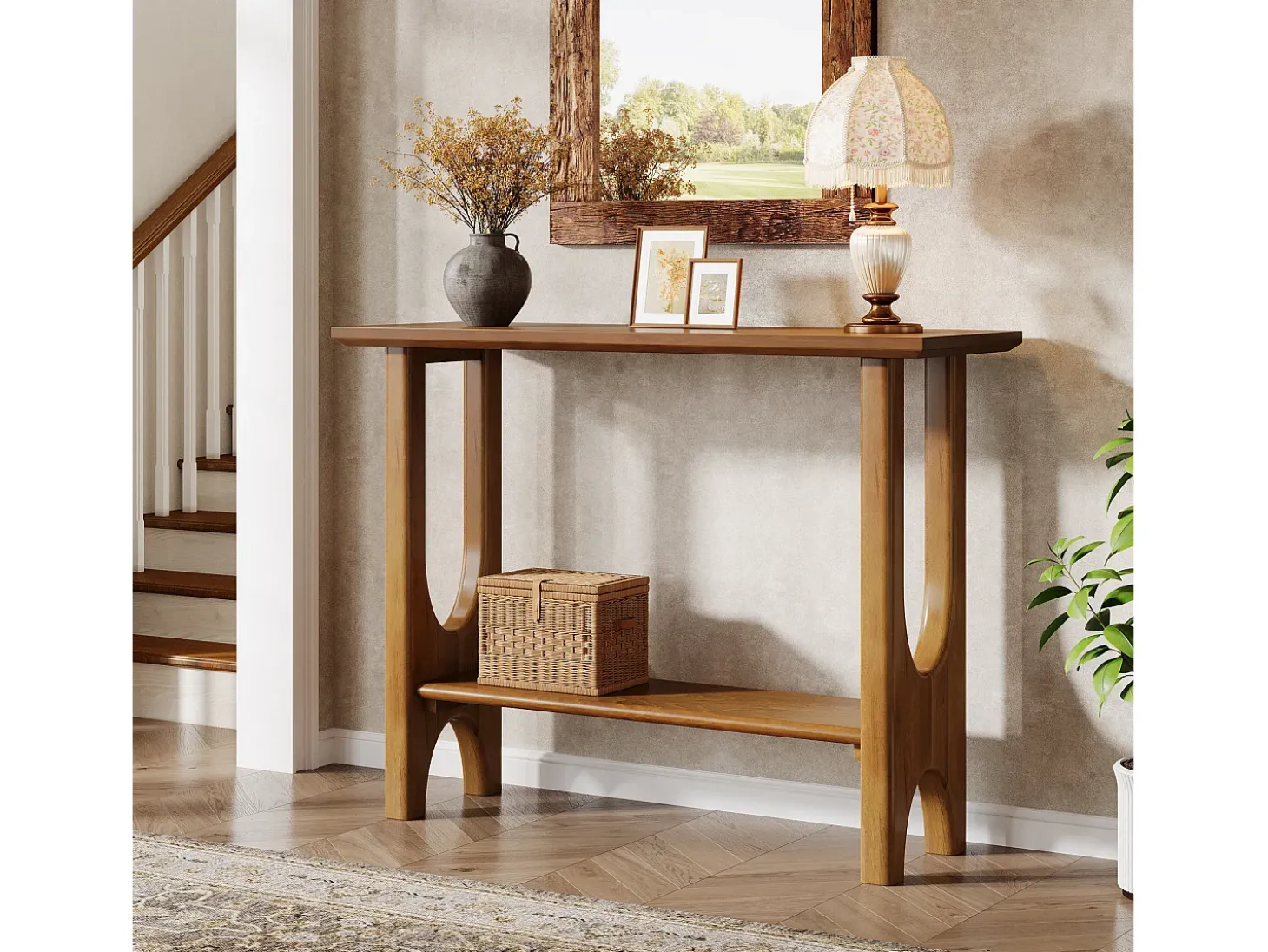 Mesa de entrada de 105 cm com espaço de armazenamento, mesa de corredor moderna de dois andares com pernas de madeira maciça para sala de estar, corredor