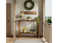 Mesa de entrada de 105 cm com espaço de armazenamento, mesa de corredor moderna de dois andares com pernas de madeira maciça para sala de estar, corredor