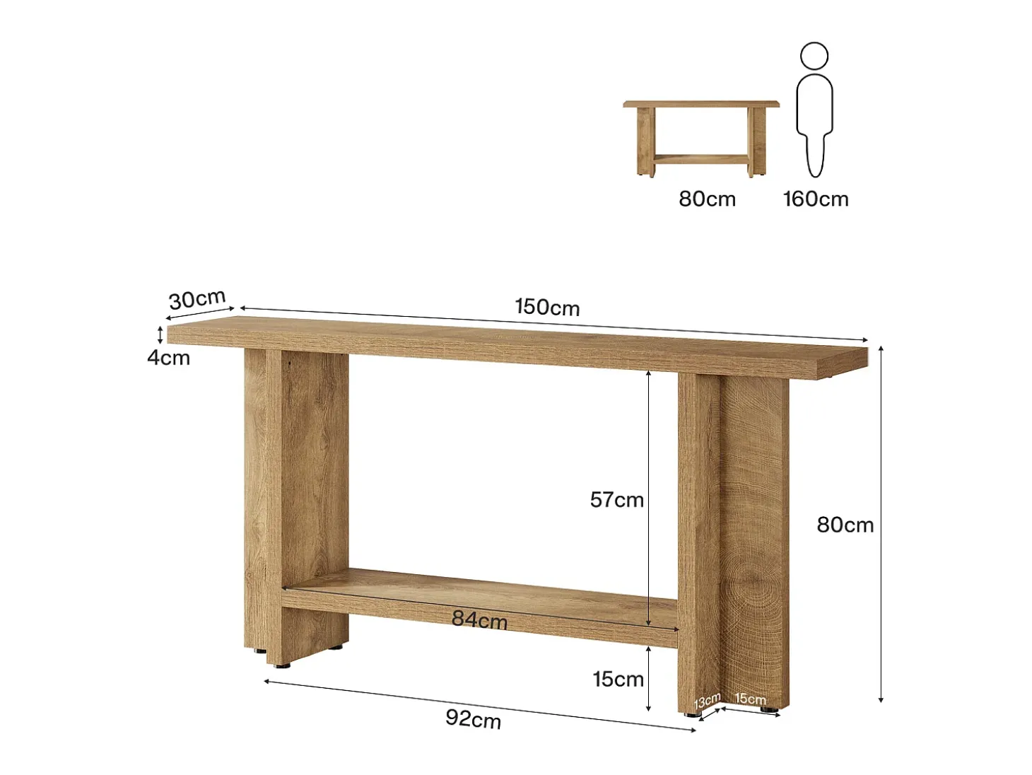 Mesa de entrada de 150 cm, mesa para sofá estreita e longa de dois andares para trás do sofá para sala de estar