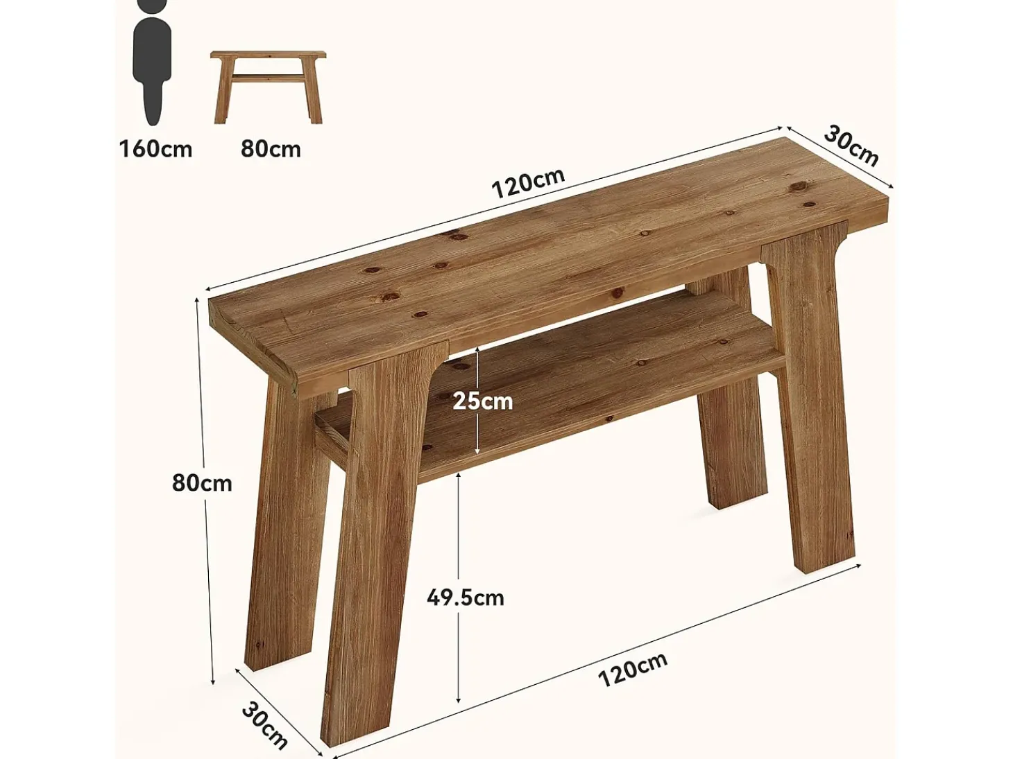 Mesa de entrada de consola de madeira maciça, mesa de sofá pequena rural de 120 cm com armazenamento de 2 níveis