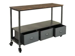 Mesa de entrada em madeira e metal com 2 prateleiras e 3 gavetas.