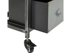 Mesa de entrada em madeira e metal com 2 prateleiras e 3 gavetas.