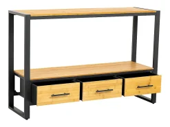 Mesa de entrada em metal e madeira com 3 gavetas, marrom