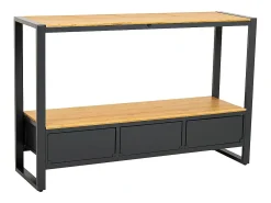 Mesa de entrada em metal e madeira com 3 gavetas, marrom