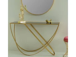 Mesa de entrada em metal dourado com tampo de vidro