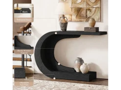 Mesa de entrada para console de 110 cm com armazenamento, mesa para trás do sofá em formato de C único em preto