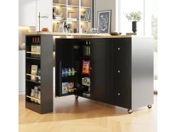 Mesa de pé giratória 360° (135-203 cm) com rodízios, preta, com 3 gavetas e porta-lanches.