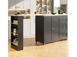 Mesa de pé giratória 360° (135-203 cm) com rodízios, preta, com 3 gavetas e porta-lanches.