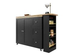 Mesa de pé giratória 360° (135-203 cm) com rodízios, preta, com 3 gavetas e porta-lanches.