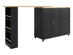 Mesa de pé giratória 360° (135-203 cm) com rodízios, preta, com 3 gavetas e porta-lanches.
