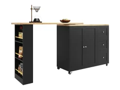 Mesa de pé giratória 360° (135-203 cm) com rodízios, preta, com 3 gavetas e porta-lanches.
