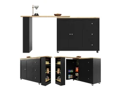 Mesa de pé giratória 360° (135-203 cm) com rodízios, preta, com 3 gavetas e porta-lanches.