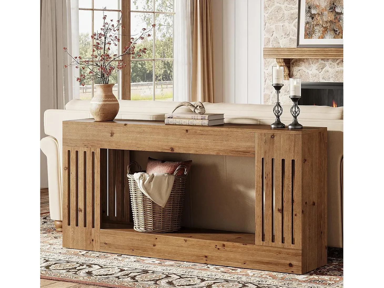Mesa de Sofá de Madeira Sólida de 160cm, Mesa de Consola Rustica atrás do Sofá com Pernas de Listras Verticais, 2 Andares