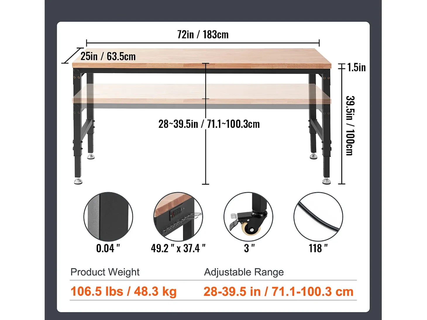 Mesa de Trabalho Ajustável SucceBuy, com Soquete, Carga Máxima de 1361 kg