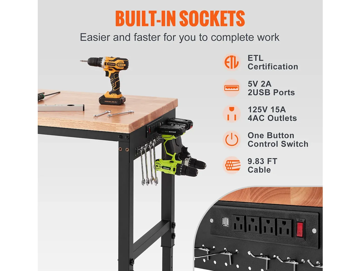 Mesa de Trabalho Ajustável SucceBuy, com Soquete, Carga Máxima de 1361 kg