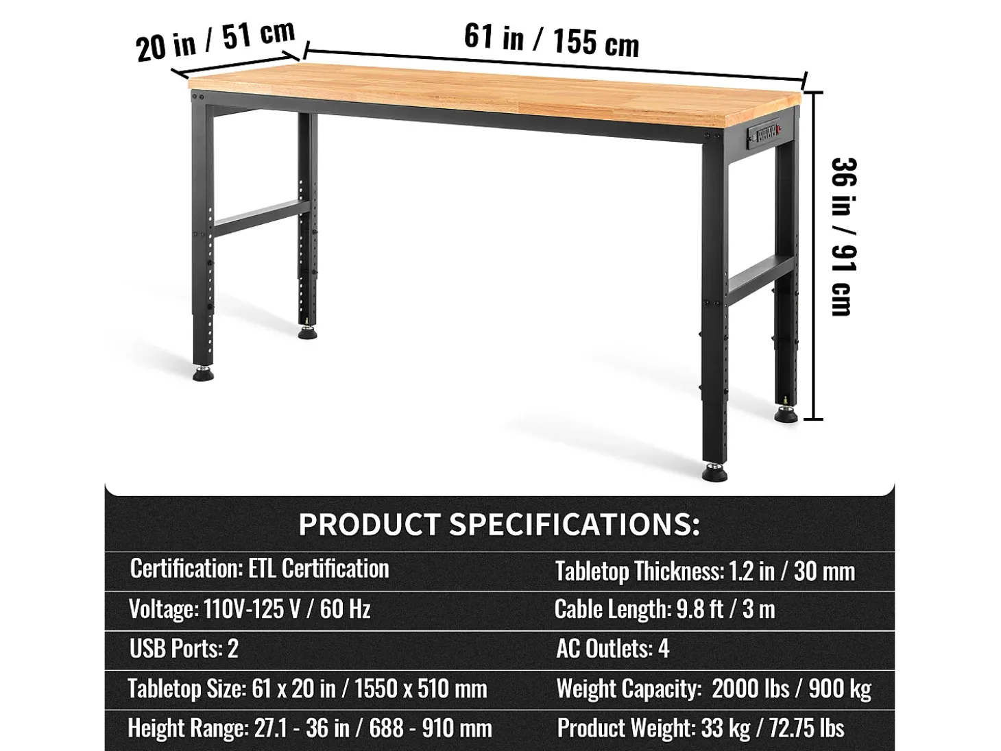 Mesa de Trabalho Ajustável SucceBuy, 155 x 51 cm, com Tomada Elétrica