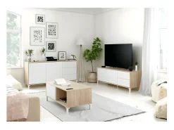 Mesa de TV Brooklyn em carvalho canadense e Nordic Artik White, 47x130x41 cm