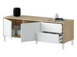 Mesa de TV Brooklyn em carvalho canadense e Nordic Artik White, 47x130x41 cm