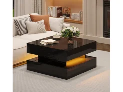 Mesa elevatória brilhante - 65 x 65 x 38,5 cm - com LEDs + 2 gavetas + armazenamento oculto - aglomerado - preto