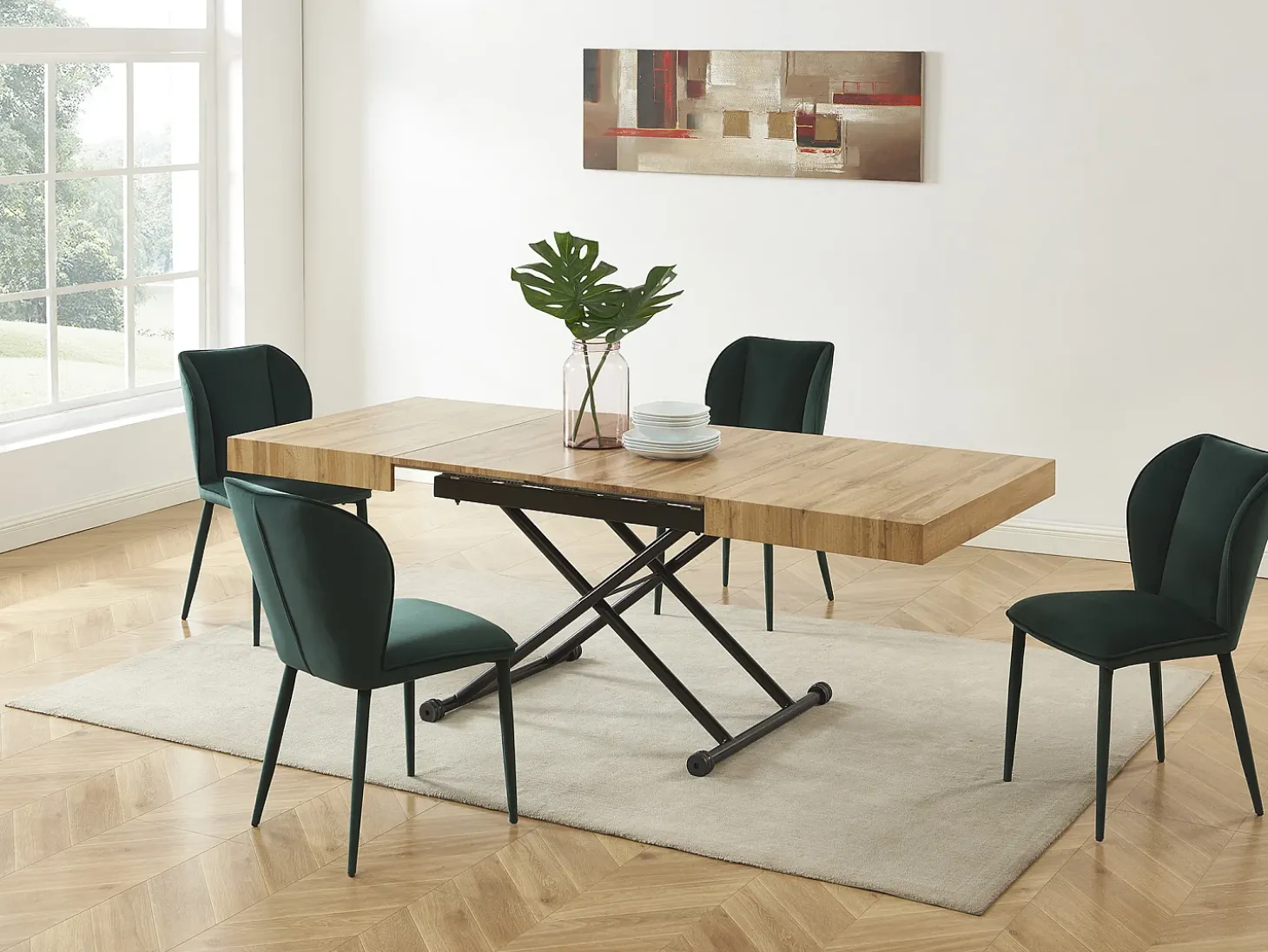 Mesa extensível e levadiça 2 em 1 MDF e aço natural e preto - MORIALA