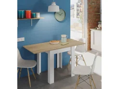 Mesa extensível Newark, Prateleira de jantar dobrável com abertura para livros, Mesa auxiliar dobrável, 67x67/135h79 cm, Branco e Carvalho