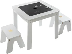 Mesa infantil com 2 bancos reversíveis, quarto, sala de jogos, branca