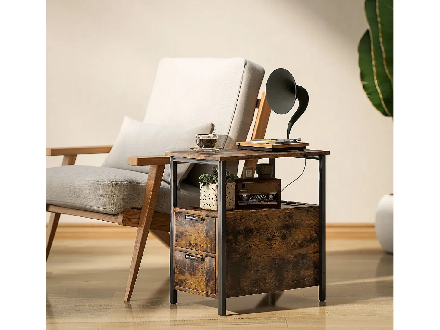 Mesa lateral estreita com 2 gavetas, portas USB e tomadas elétricas, para sala de estar, quarto, marrom