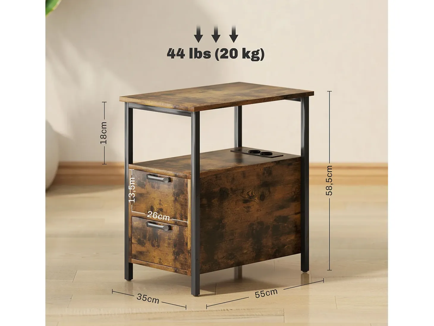 Mesa lateral estreita com 2 gavetas, portas USB e tomadas elétricas, para sala de estar, quarto, marrom