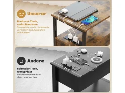Mesa lateral estreita com 2 gavetas, portas USB e tomadas elétricas, para sala de estar, quarto, marrom