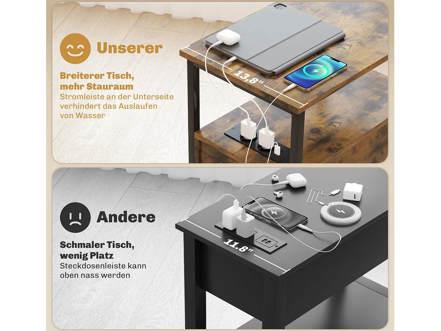 Mesa lateral estreita com 2 gavetas, portas USB e tomadas elétricas, para sala de estar, quarto, marrom