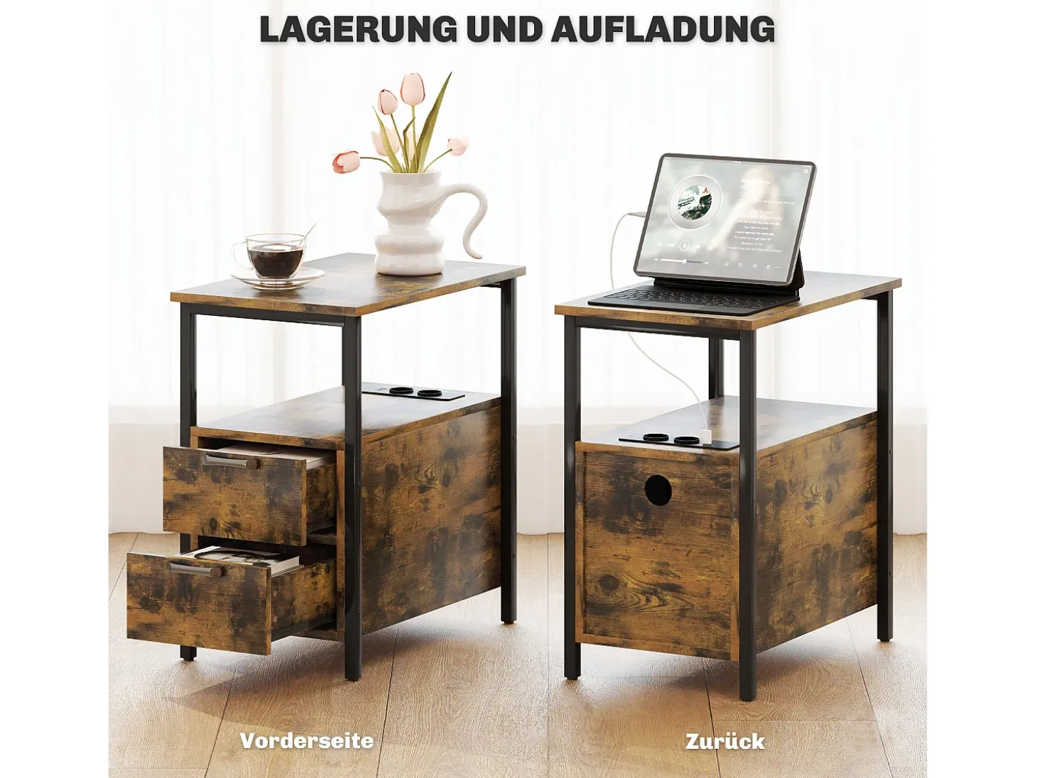 Mesa lateral estreita com 2 gavetas, portas USB e tomadas elétricas, para sala de estar, quarto, marrom
