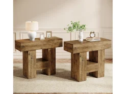 Mesa Lateral Estreita, Mesa Lateral de Sofá no Estilo Rural com Prateleira de Armazenamento de 2 Andares