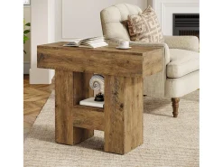 Mesa Lateral Estreita, Mesa Lateral de Sofá no Estilo Rural com Prateleira de Armazenamento de 2 Andares
