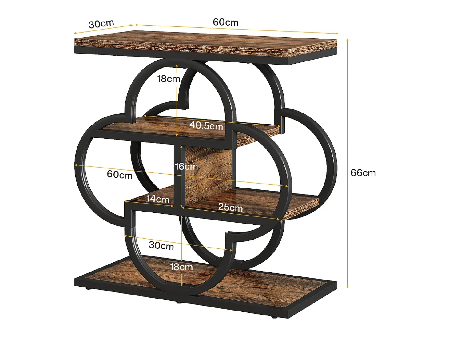 Mesa Lateral Estreita, Mesa Lateral de Madeira Pequena de 4 Andares com Moldura de Metal Curva